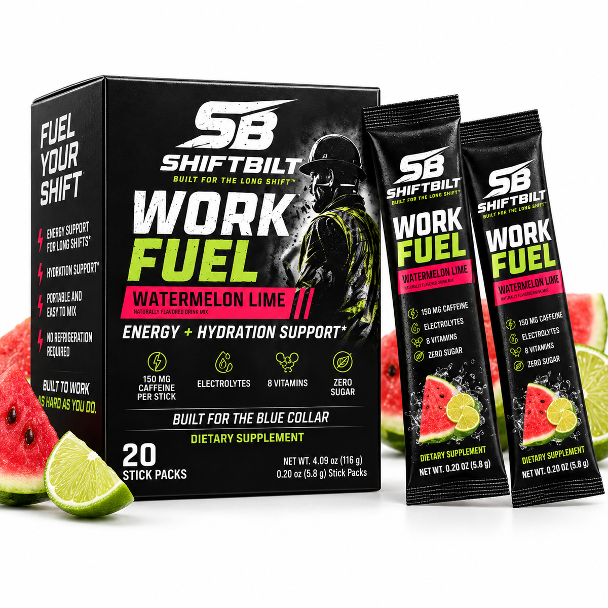 SHIFTBILT Work Fuel — Overtime Watermelon Lime | Zero Sugar Caffeinated Electrolyte Stick Packs, 20 Count