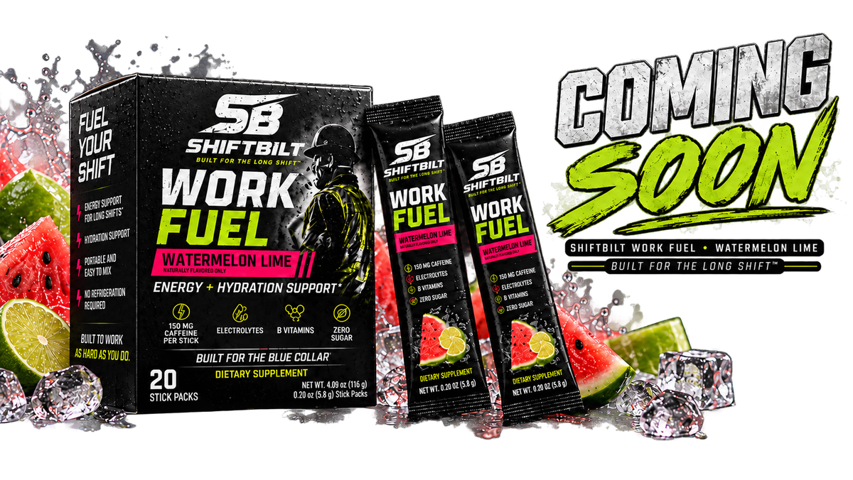 SHIFTBILT Work Fuel Watermelon Lime box and stick packs with watermelon, lime and water splash. Coming soon.